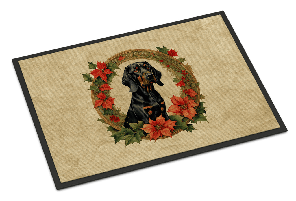 Glamorous Pups : Black and Tan Coonhound Christmas Flowers Doormat