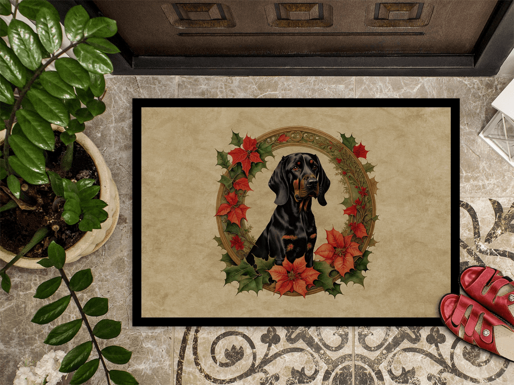 Glamorous Pups : Black and Tan Coonhound Christmas Flowers Doormat