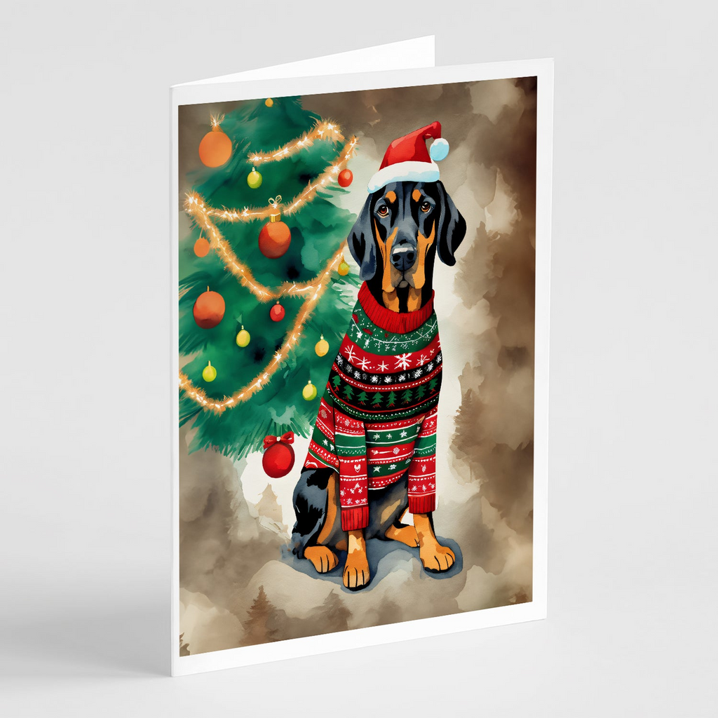 Glamorous Pups : Black and Tan Coonhound Christmas Greeting Cards Pack of 8