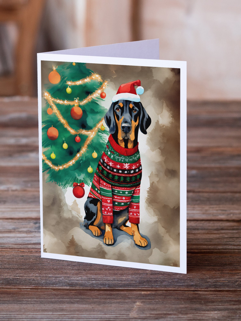 Glamorous Pups : Black and Tan Coonhound Christmas Greeting Cards Pack of 8