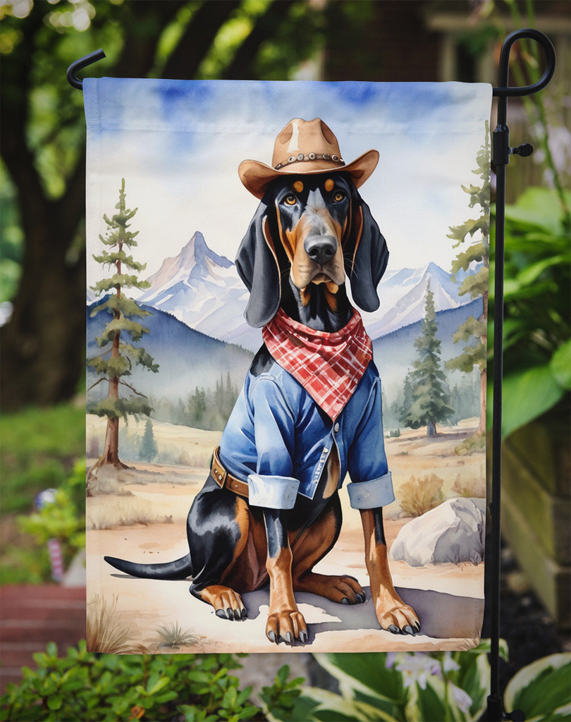Glamorous Pups : Black and Tan Coonhound Cowboy Welcome Garden Flag