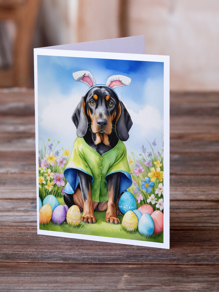 Glamorous Pups : Black and Tan Coonhound Easter Egg Hunt Greeting Cards Pack of 8