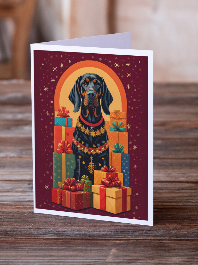 Glamorous Pups : Black and Tan Coonhound Holiday Christmas Greeting Cards Pack of 8