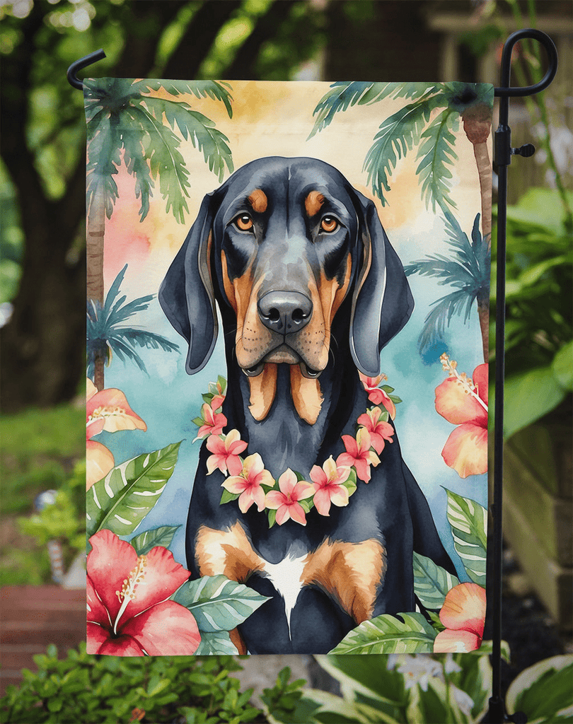 Glamorous Pups : Black and Tan Coonhound Luau Garden Flag