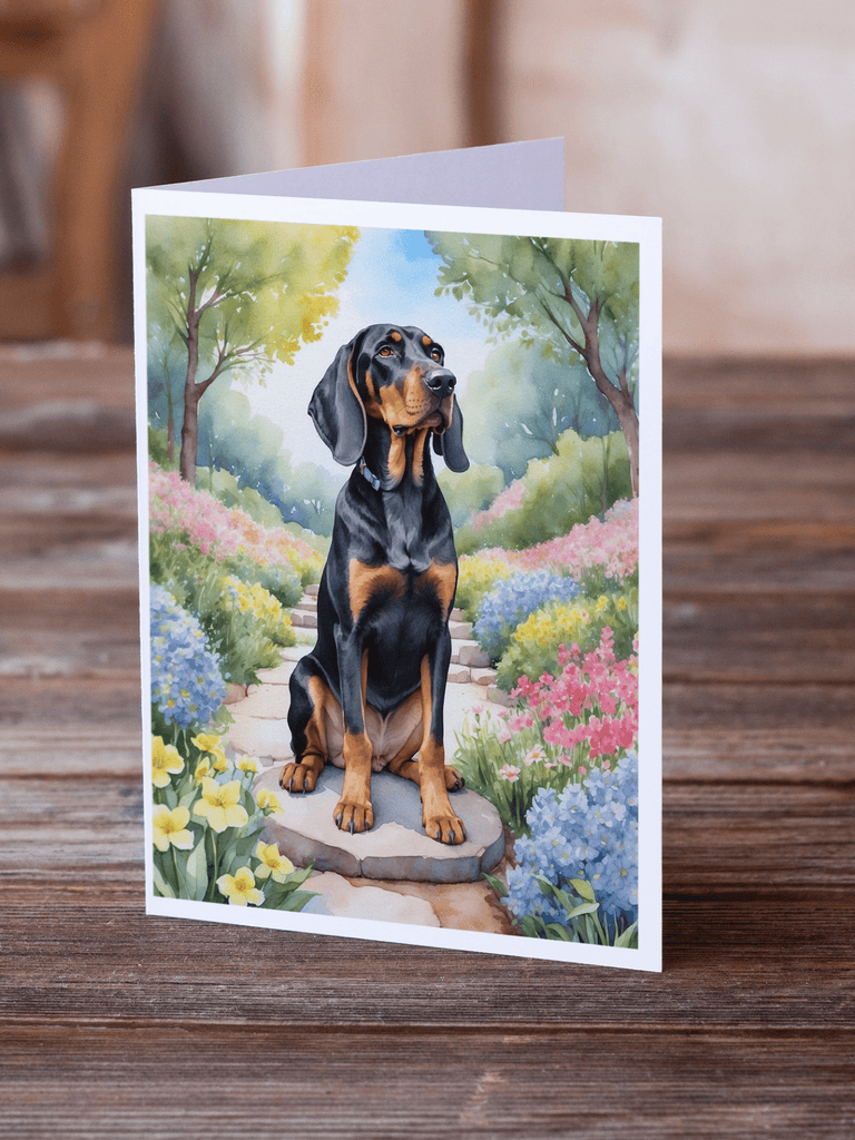 Glamorous Pups : Black and Tan Coonhound Spring Path Greeting Cards Pack of 8