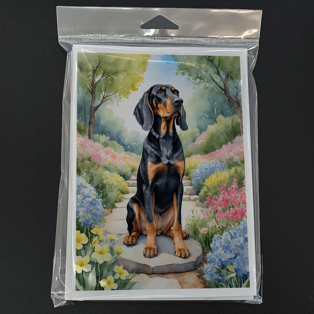 Glamorous Pups : Black and Tan Coonhound Spring Path Greeting Cards Pack of 8