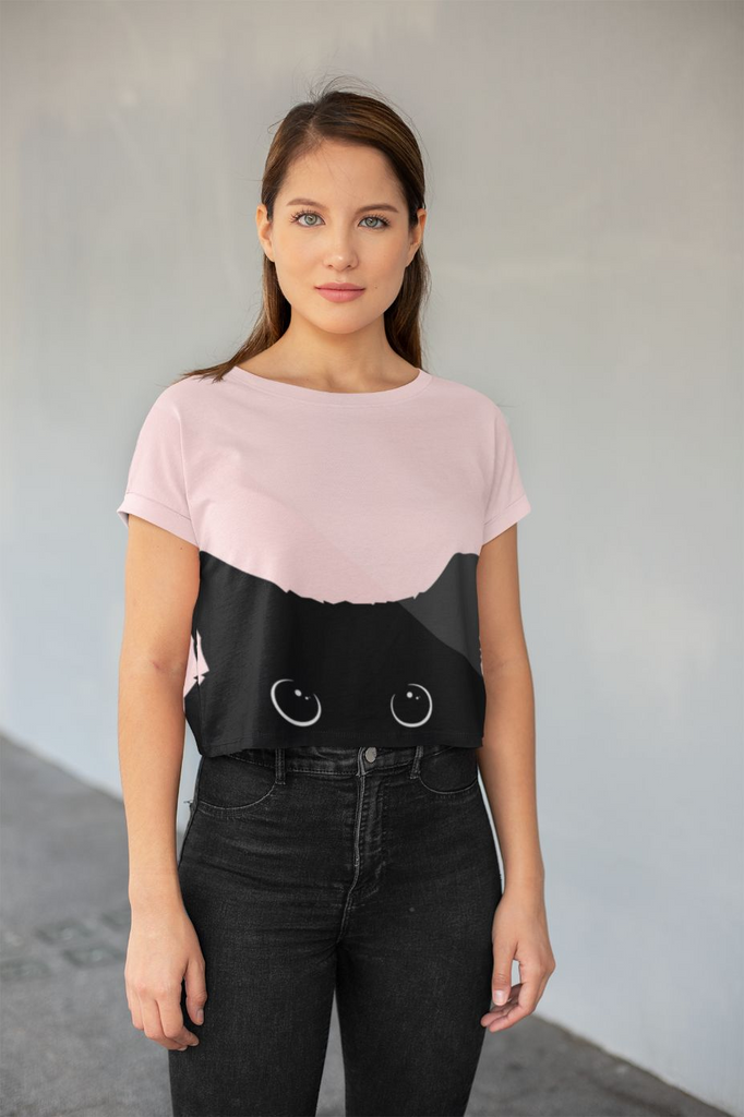 Glamorous Pups : BLACK CAT ON PINK BACKGROUND All-Over Print Crop Tee