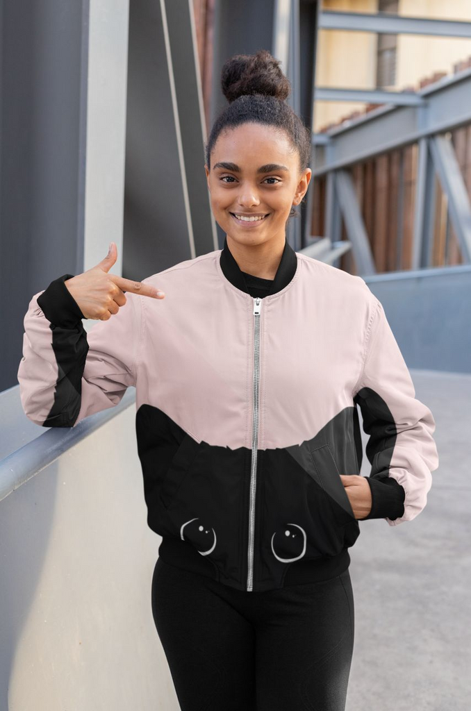 Glamorous Pups : Black Cat on Pink Background Bomber Jacket