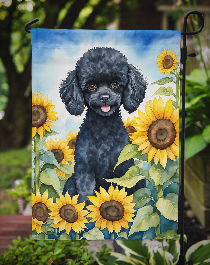 Glamorous Pups : Black Poodle in Sunflowers Garden Flag