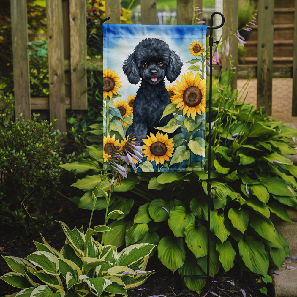 Glamorous Pups : Black Poodle in Sunflowers Garden Flag