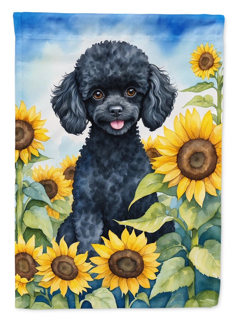 Glamorous Pups : Black Poodle in Sunflowers Garden Flag