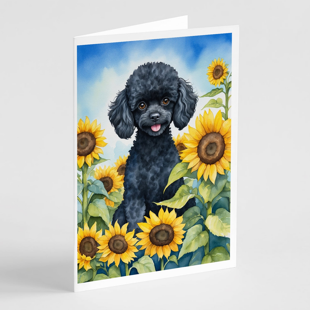 Glamorous Pups : Black Poodle in Sunflowers Greeting Cards Pack of 8