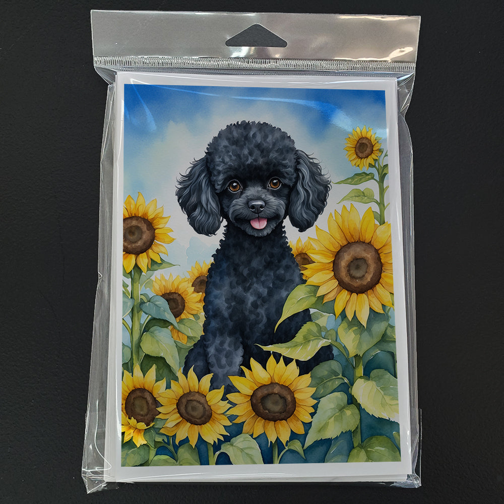 Glamorous Pups : Black Poodle in Sunflowers Greeting Cards Pack of 8