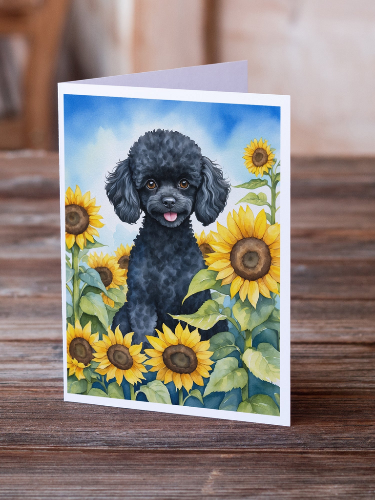 Glamorous Pups : Black Poodle in Sunflowers Greeting Cards Pack of 8