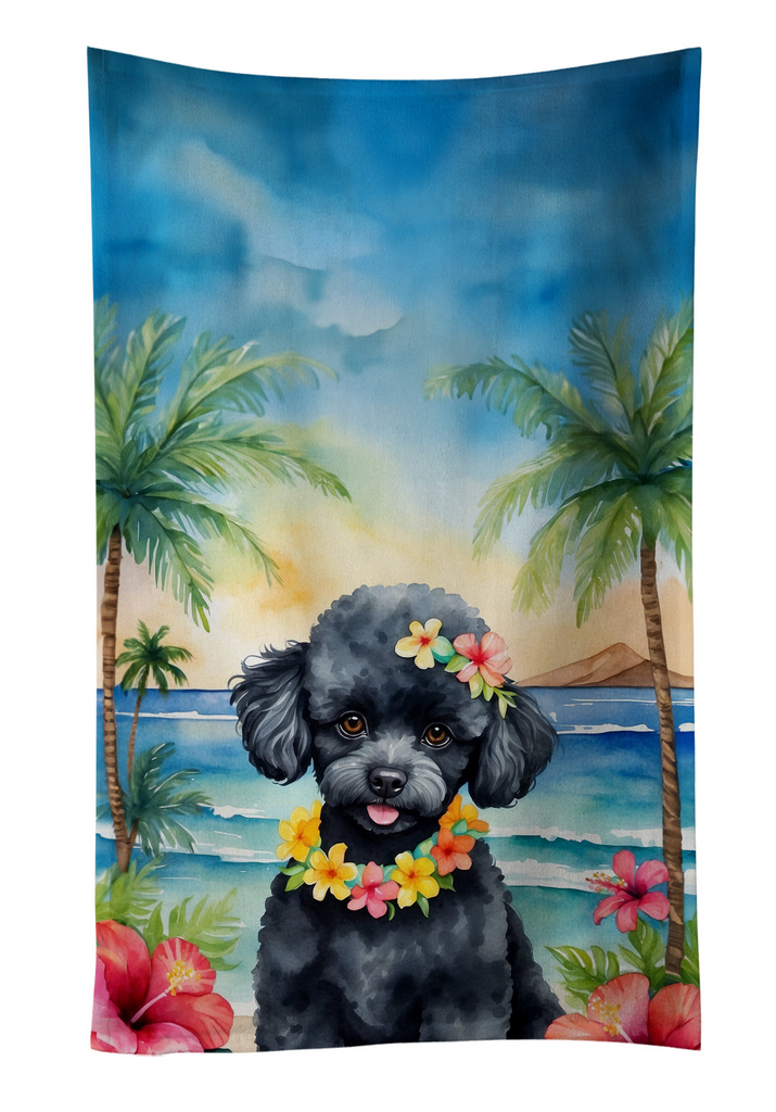 Glamorous Pups : Black Poodle Luau Kitchen Towel