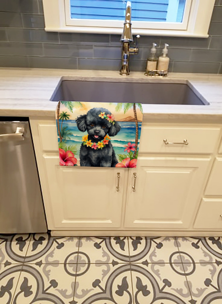 Glamorous Pups : Black Poodle Luau Kitchen Towel