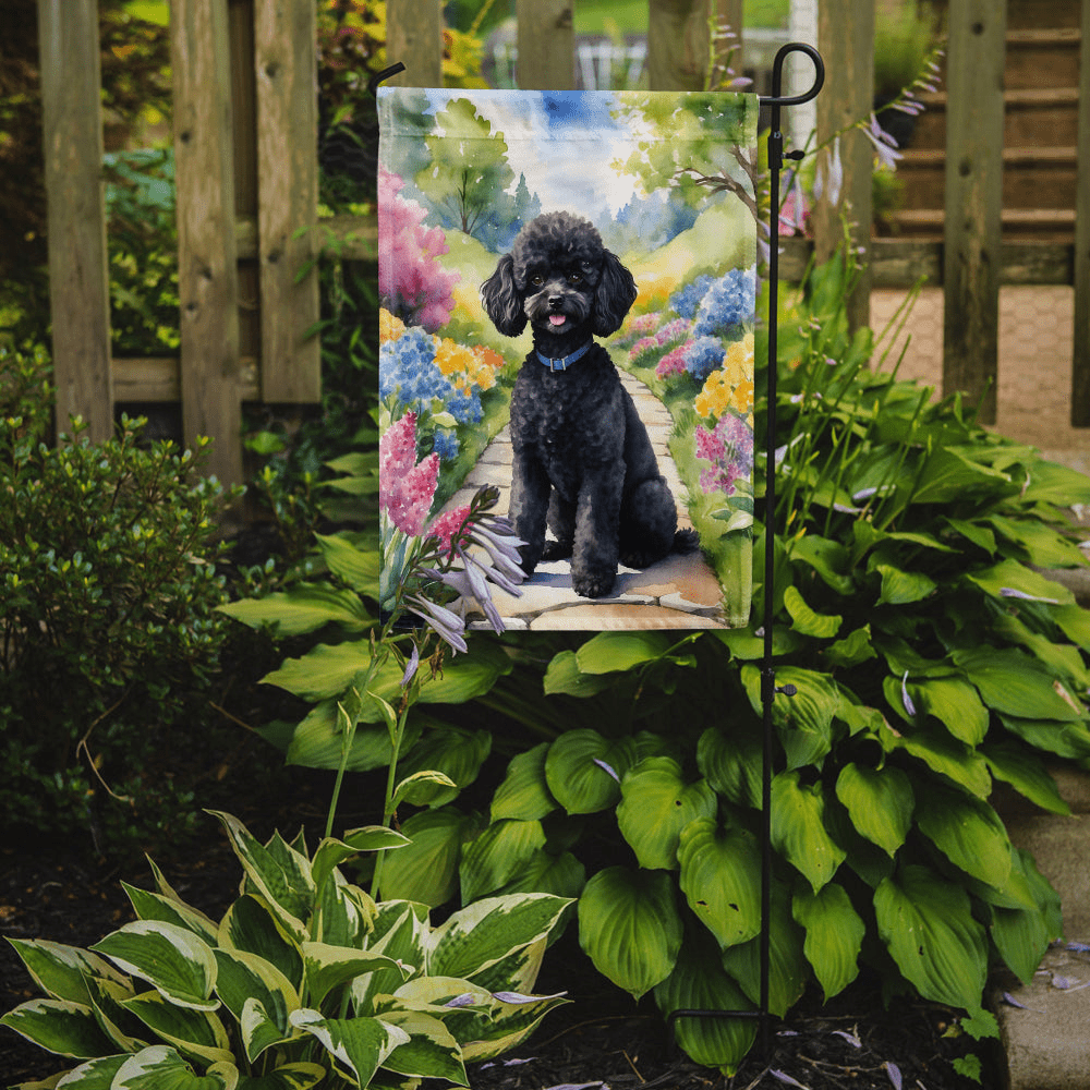 Glamorous Pups : Black Poodle Spring Path Garden Flag