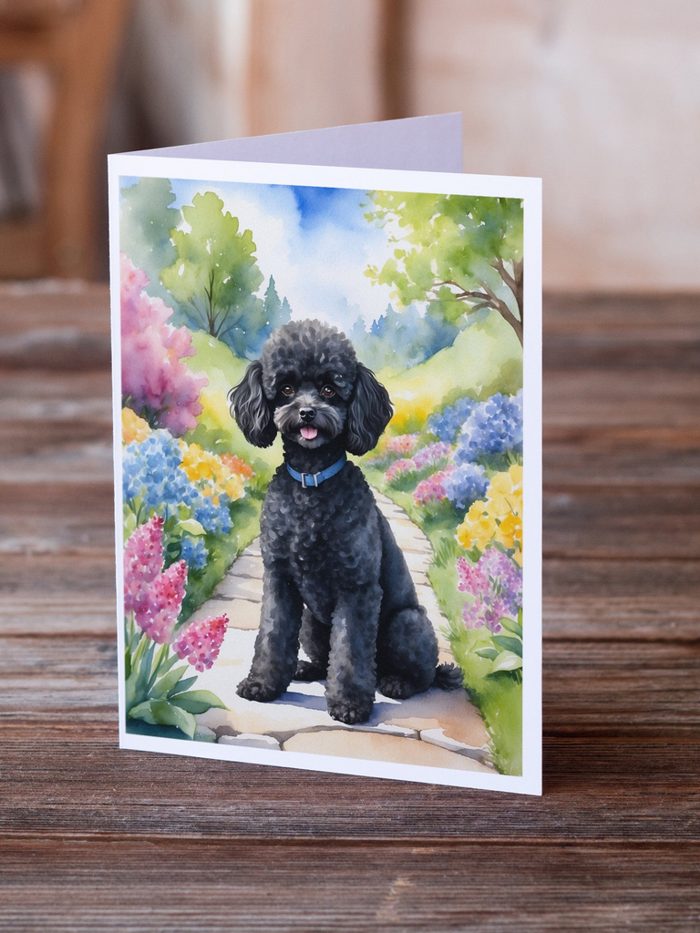 Glamorous Pups : Black Poodle Spring Path Greeting Cards Pack of 8