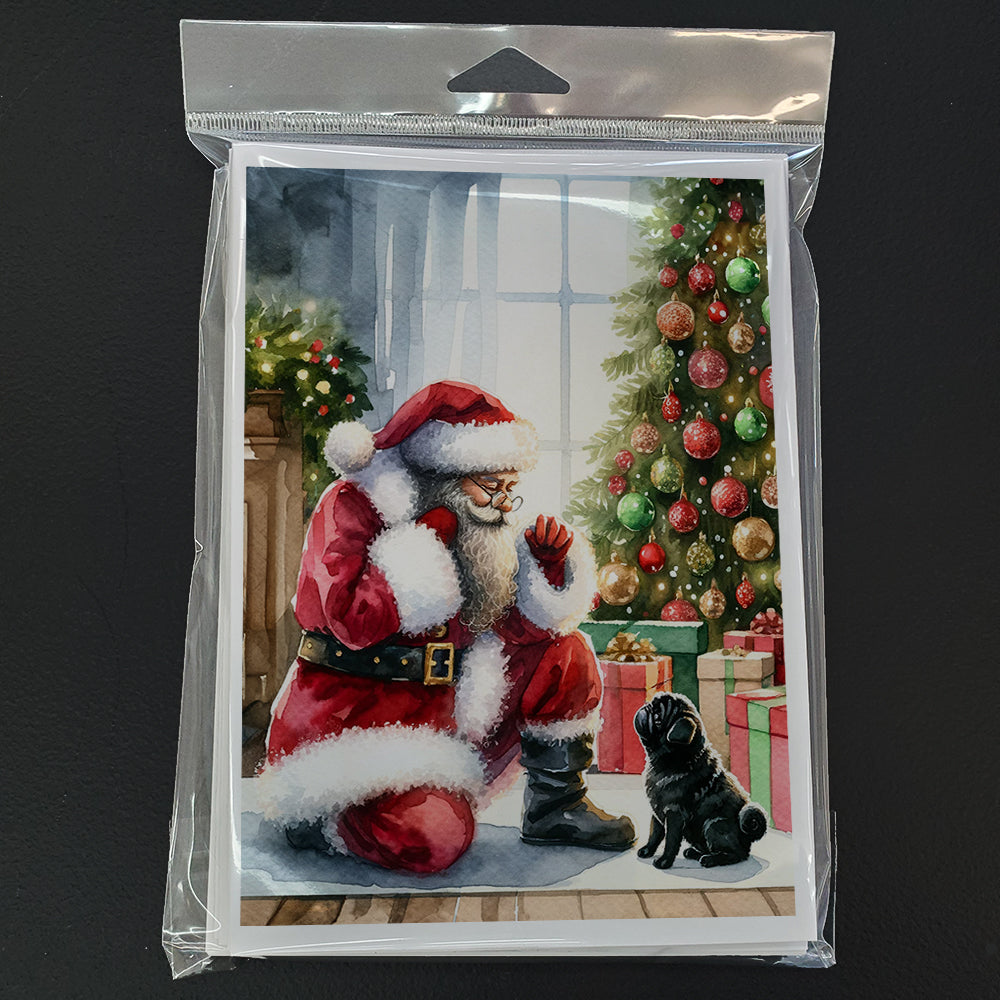 Glamorous Pups : Black Pug and Santa Claus Greeting Cards Pack of 8