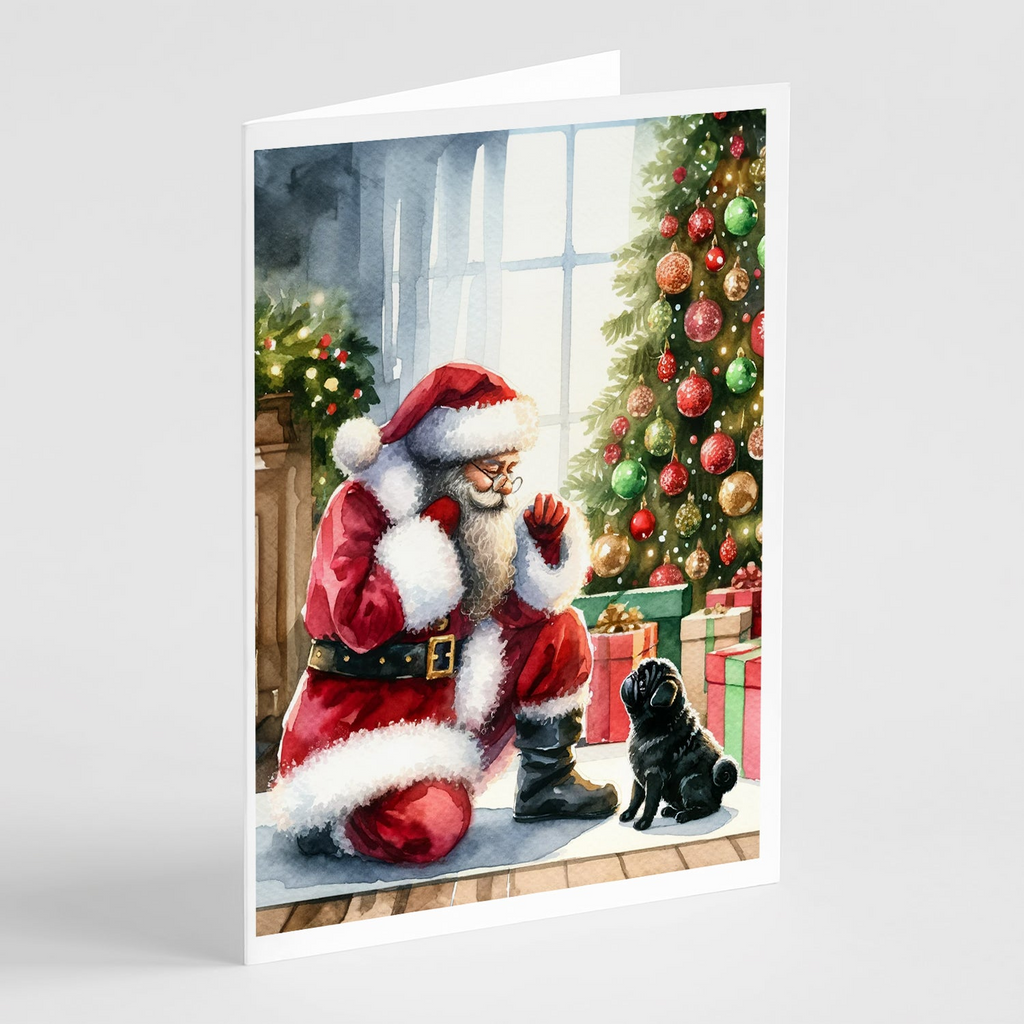 Glamorous Pups : Black Pug and Santa Claus Greeting Cards Pack of 8