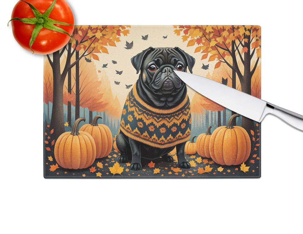 Glamorous Pups : Black Pug Fall Glass Cutting Board