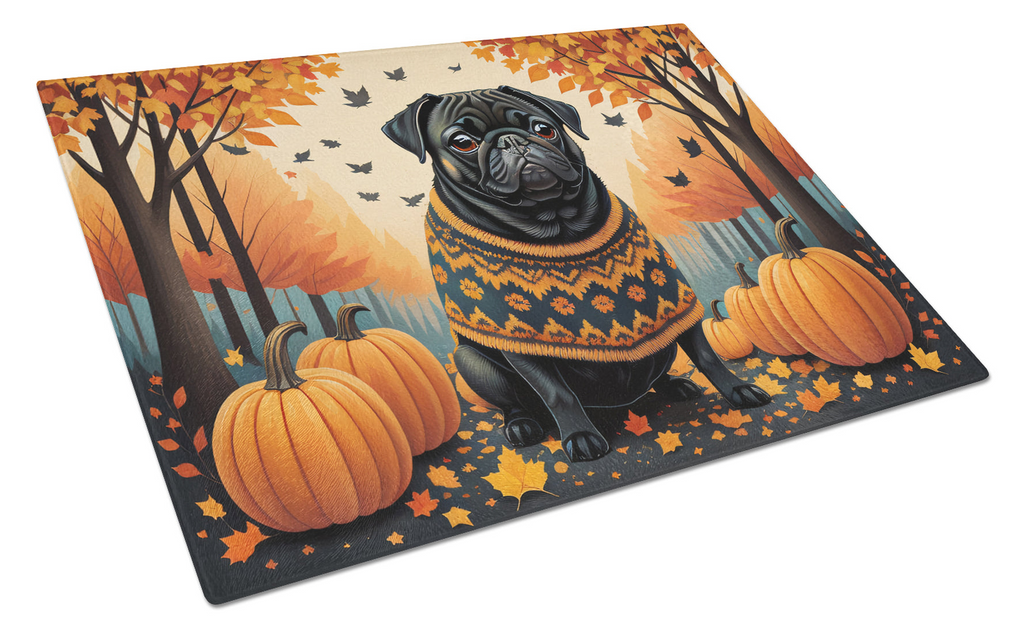 Glamorous Pups : Black Pug Fall Glass Cutting Board
