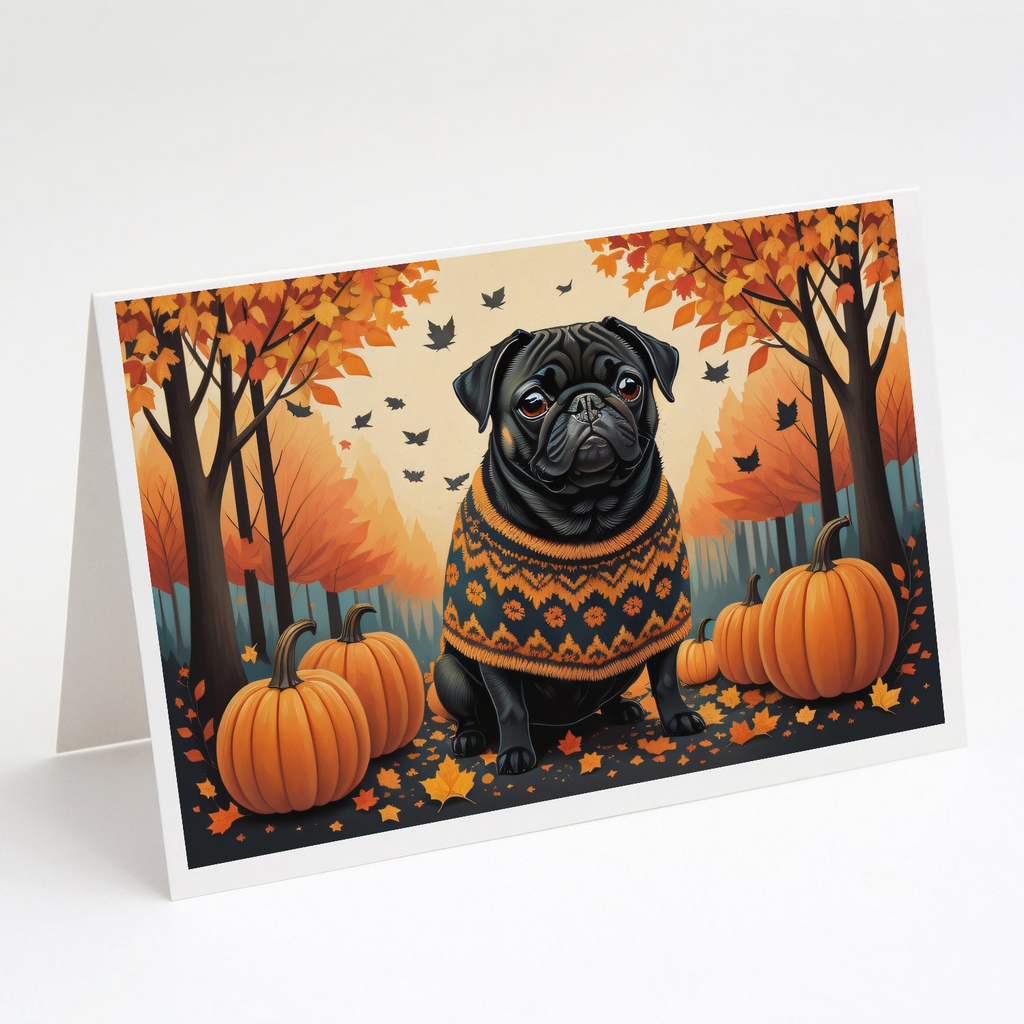 Glamorous Pups : Black Pug Fall Greeting Cards Pack of 8