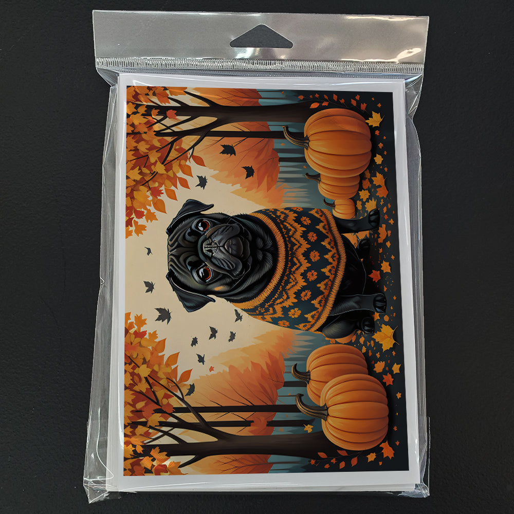 Glamorous Pups : Black Pug Fall Greeting Cards Pack of 8