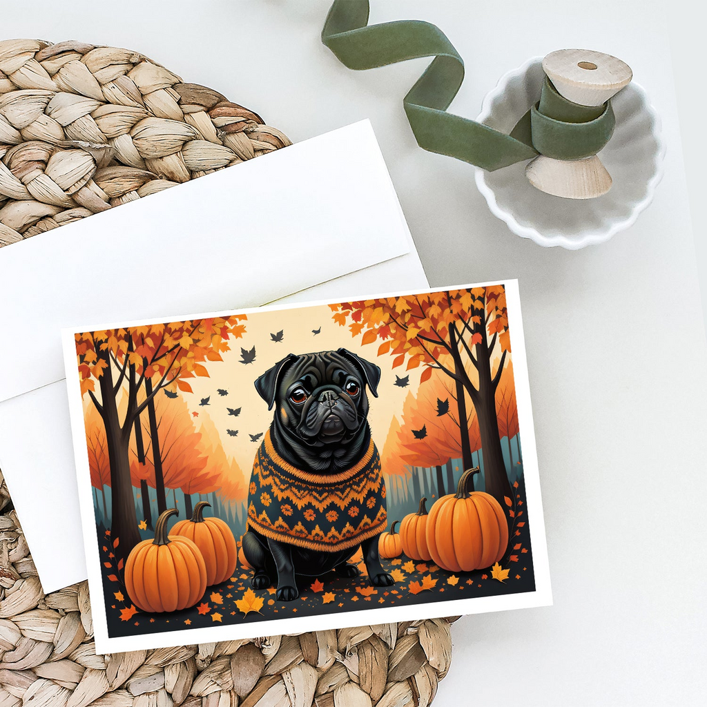 Glamorous Pups : Black Pug Fall Greeting Cards Pack of 8