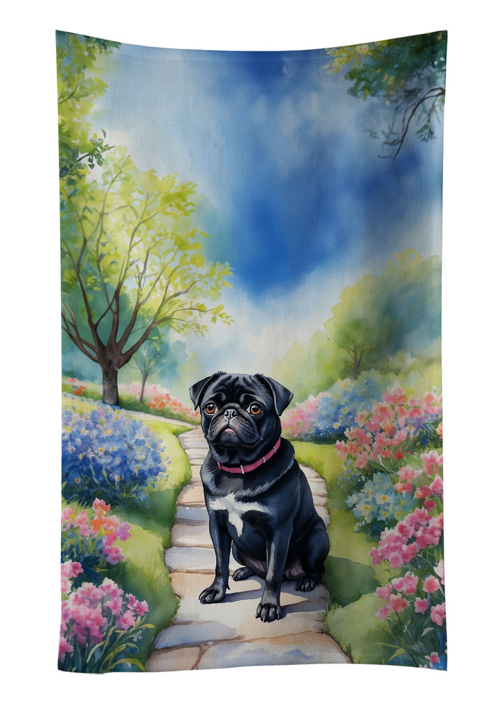 Glamorous Pups : Black Pug Spring Path Kitchen Towel