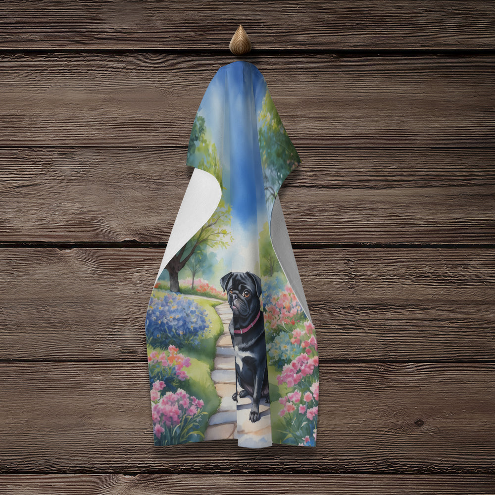 Glamorous Pups : Black Pug Spring Path Kitchen Towel
