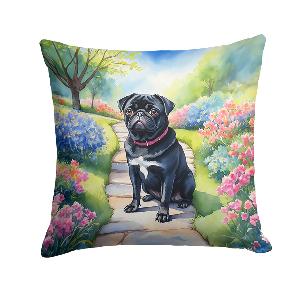 Glamorous Pups : Black Pug Spring Path Throw Pillow