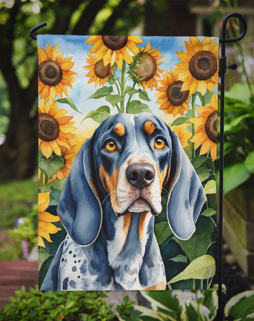 Glamorous Pups : Bluetick Coonhound in Sunflowers Garden Flag