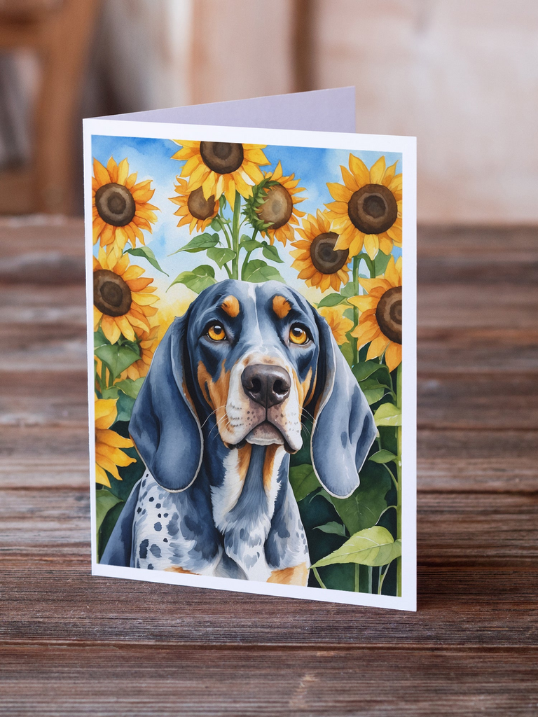Glamorous Pups : Bluetick Coonhound in Sunflowers Greeting Cards Pack of 8