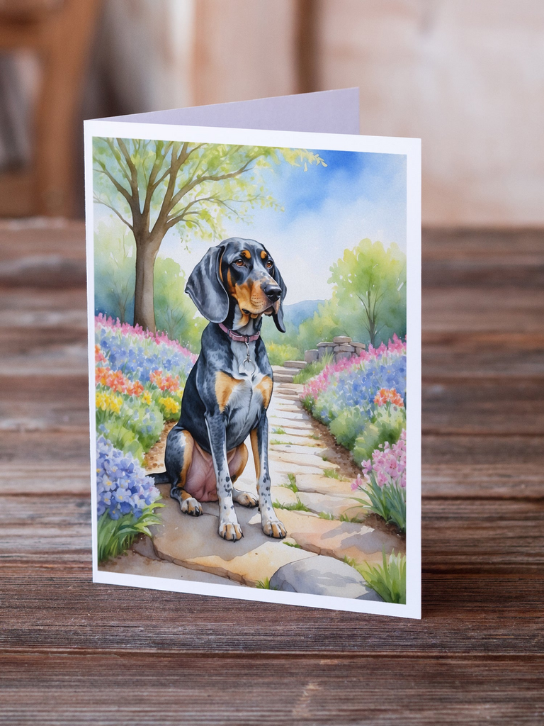 Glamorous Pups : Bluetick Coonhound Spring Path Greeting Cards Pack of 8