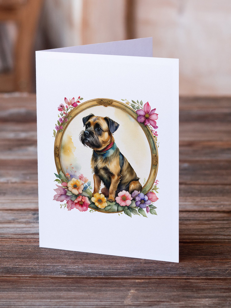 Glamorous Pups : Border Terrier and Flowers Greeting Cards Pack of 8