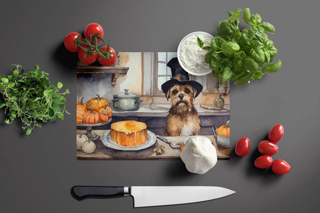 Glamorous Pups : Border Terrier Fall Kitchen Pumpkins Glass Cutting Board