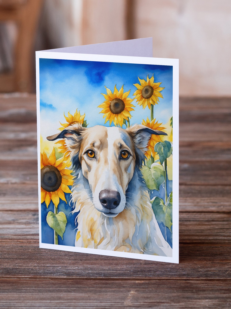 Glamorous Pups : Borzoi in Sunflowers Greeting Cards Pack of 8