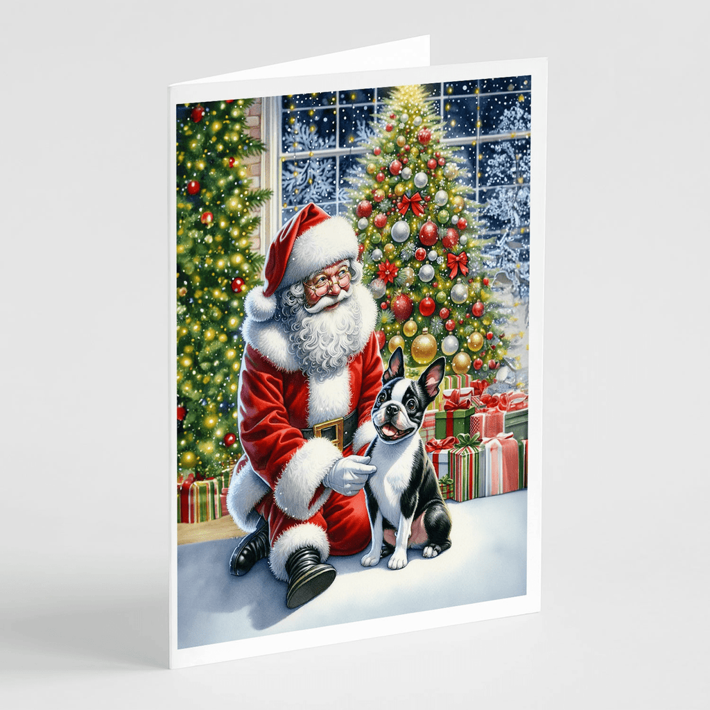 Glamorous Pups : Boston Terrier and Santa Claus Greeting Cards Pack of 8