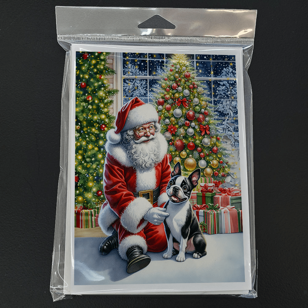 Glamorous Pups : Boston Terrier and Santa Claus Greeting Cards Pack of 8