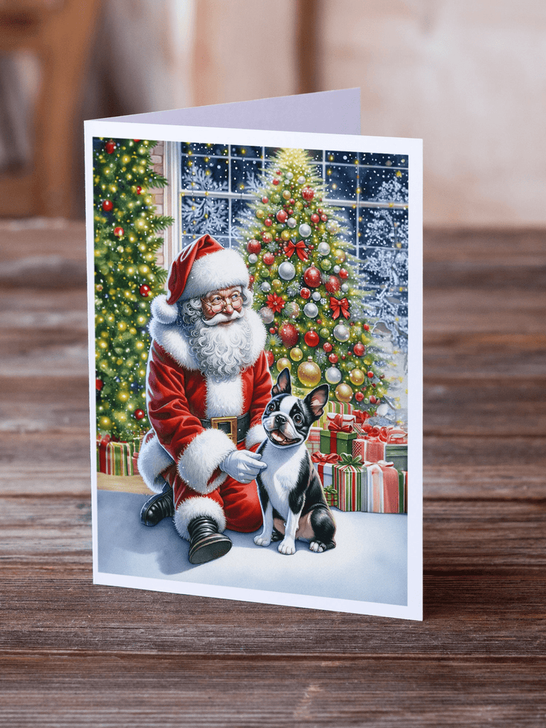 Glamorous Pups : Boston Terrier and Santa Claus Greeting Cards Pack of 8