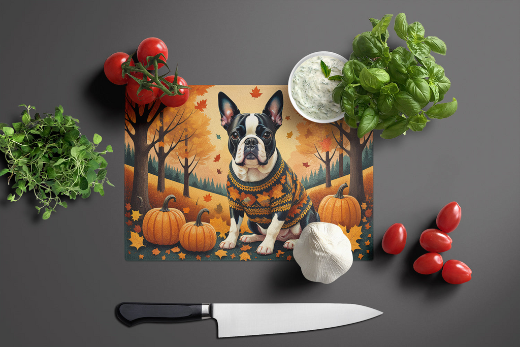 Glamorous Pups : Boston Terrier Fall Glass Cutting Board