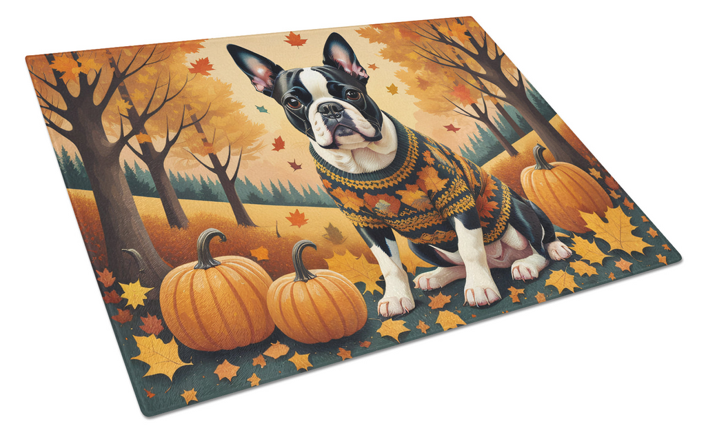 Glamorous Pups : Boston Terrier Fall Glass Cutting Board