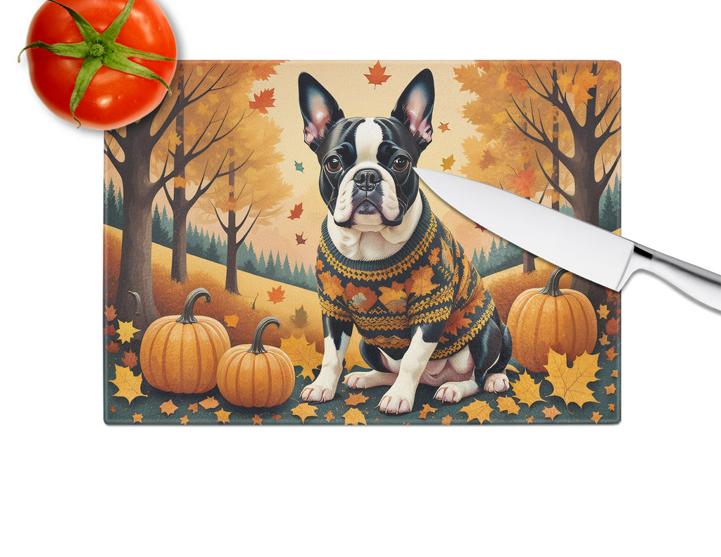 Glamorous Pups : Boston Terrier Fall Glass Cutting Board