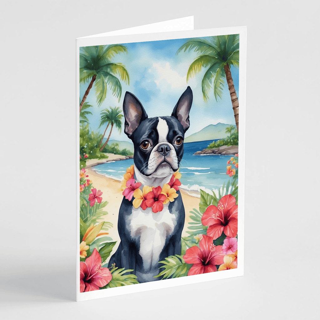 Glamorous Pups : Boston Terrier Luau Greeting Cards Pack of 8
