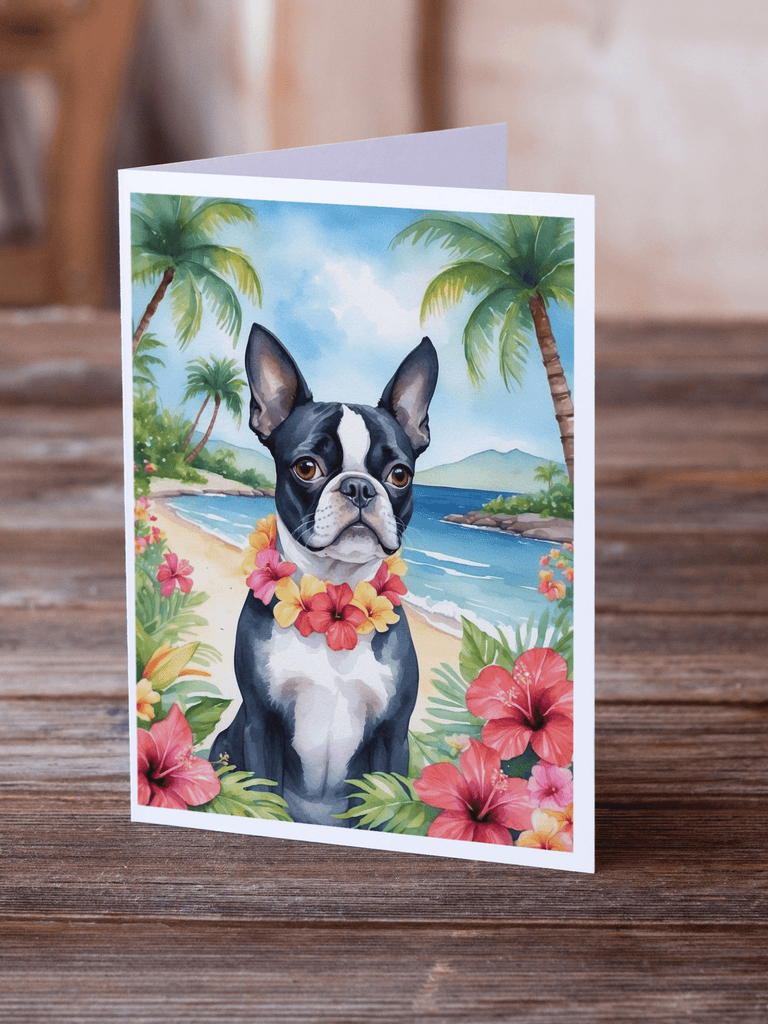 Glamorous Pups : Boston Terrier Luau Greeting Cards Pack of 8