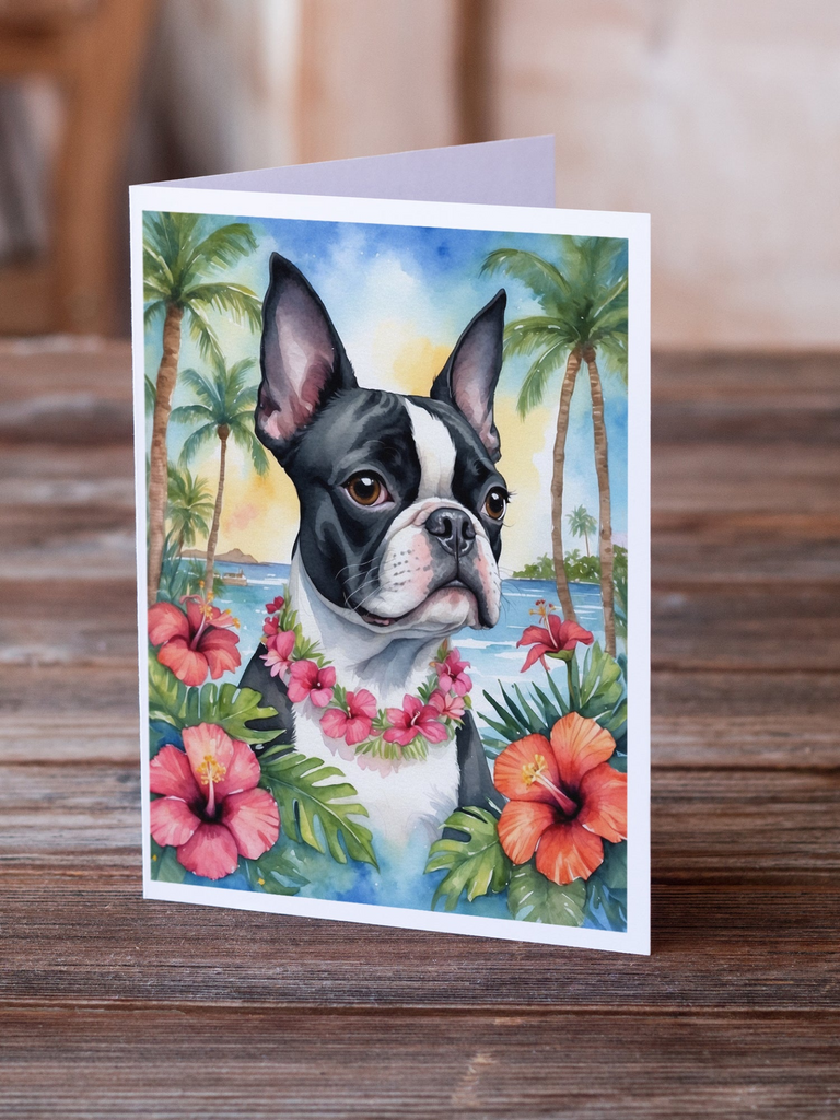 Glamorous Pups : Boston Terrier Luau Greeting Cards Pack of 8