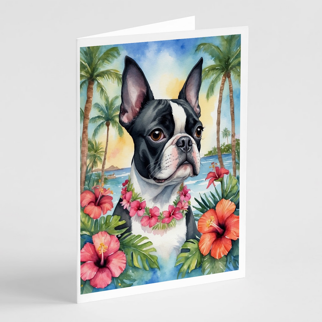 Glamorous Pups : Boston Terrier Luau Greeting Cards Pack of 8