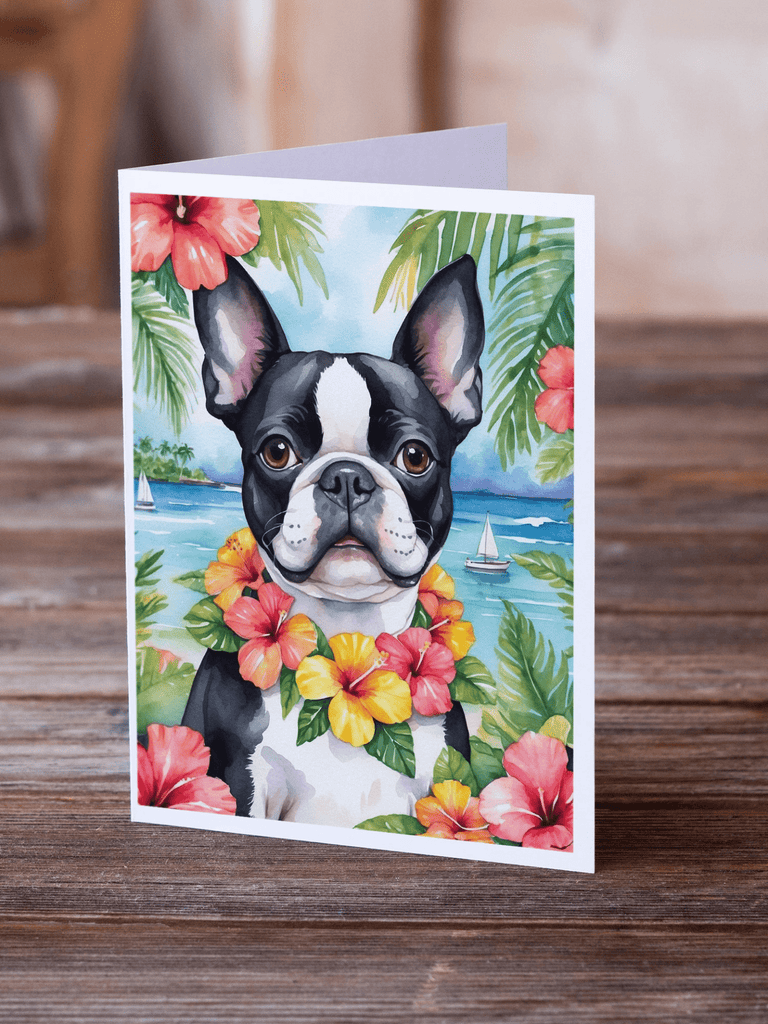 Glamorous Pups : Boston Terrier Luau Greeting Cards Pack of 8