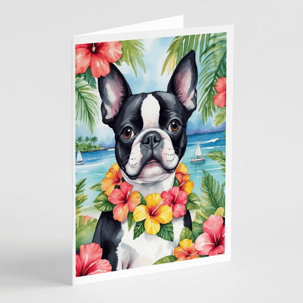 Glamorous Pups : Boston Terrier Luau Greeting Cards Pack of 8